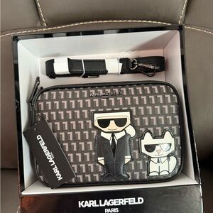Karl Lagerfeld Men’s Black Patterned Crossbody Bag with Character Patch